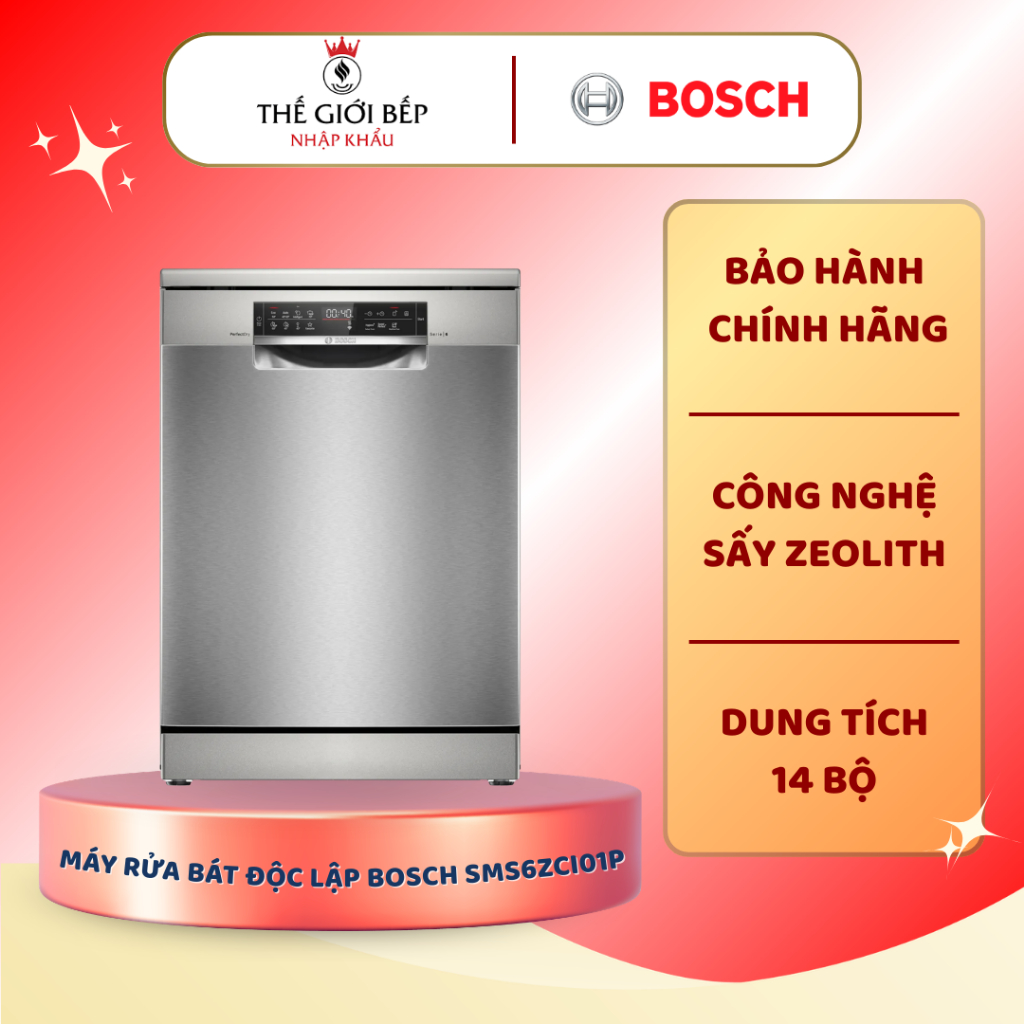 Máy Rửa Bát Độc Lập Bosch SMS6ZCI01P Series 6 - Dung Tích 14 Bộ, Sấy Zeolith, 8 Chương Trình Thông Minh