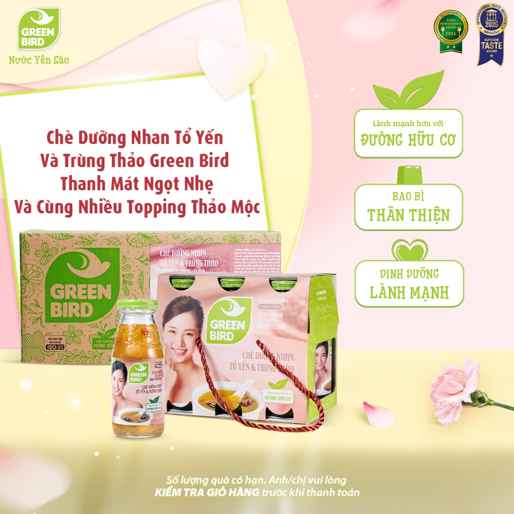 Nước Yến Dưỡng Nhan Tổ Yến Và Trùng Thảo Green Bird Giải Khát Thanh Nhẹ Chai 175ml