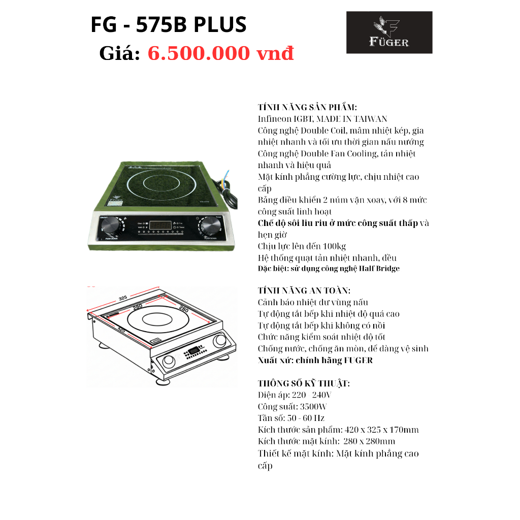 FG 575BPLUS/ Bếp Công Nghiệp 3500W Công Suất Lớn - Điều Khiển Cảm Ứng/Núm Vặn