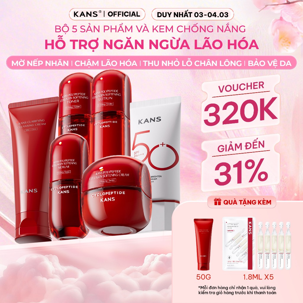 Combo Bộ Dưỡng Da Mặt Kans Đỏ Chống Lão Hóa Cấp Ẩm Bổ Sung Collagen Kèm Kem Chống Nắng SPF 50+PA+++