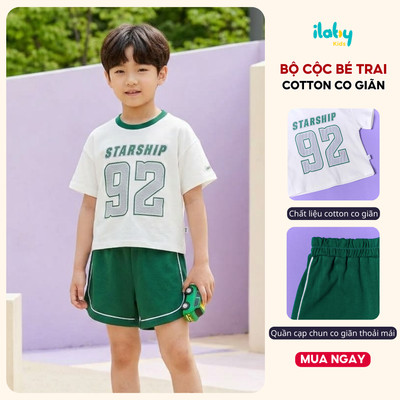 Set quần áo bé trai ILABY cotton thể thao trắng xanh in số 92 STARSHIP năng động mát hè size từ 9-40kg [3557]