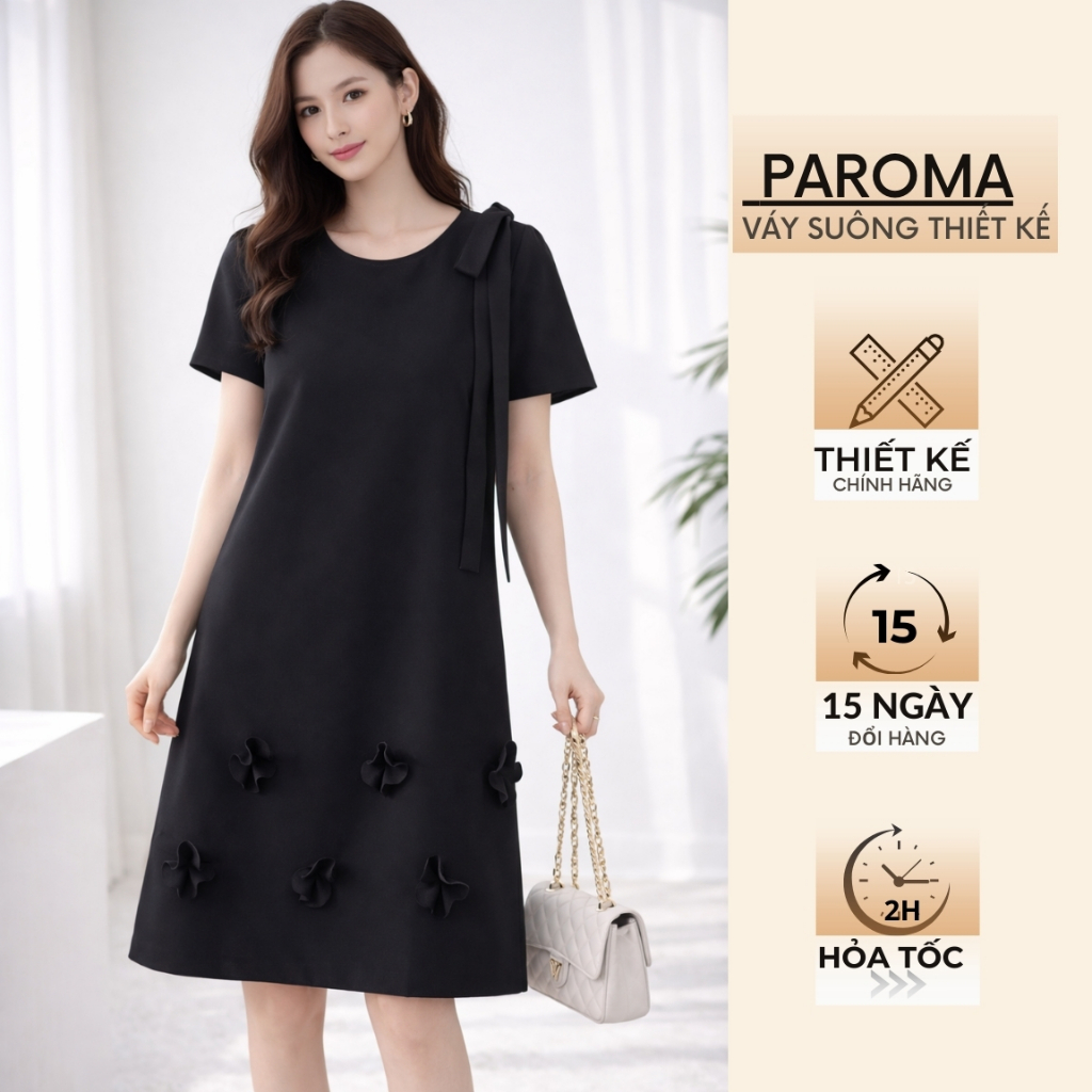 Đầm Suông Đen PAROMA V029 Đính Hoa Nổi 3D, Cổ Lệch Phối Nơ Điệu Đà