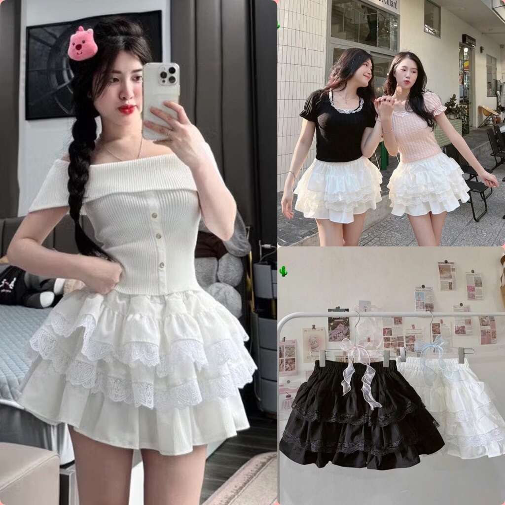 Chân váy đen bồng xoè coquette 2 tầng trắng đen cạp chun có quần trong A36