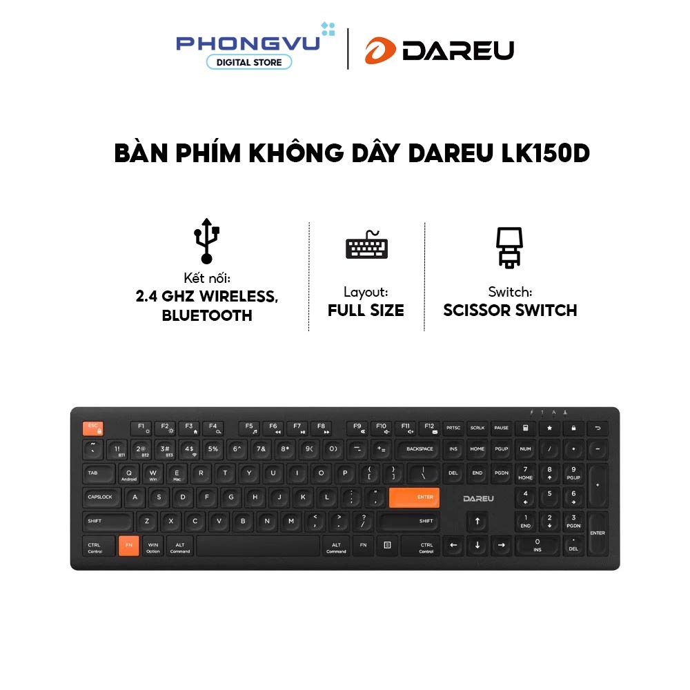 Bàn phím máy tính không dây DareU LK150D Black-Orange - Dual Mode - Scissor Switch - Bảo hành 24T