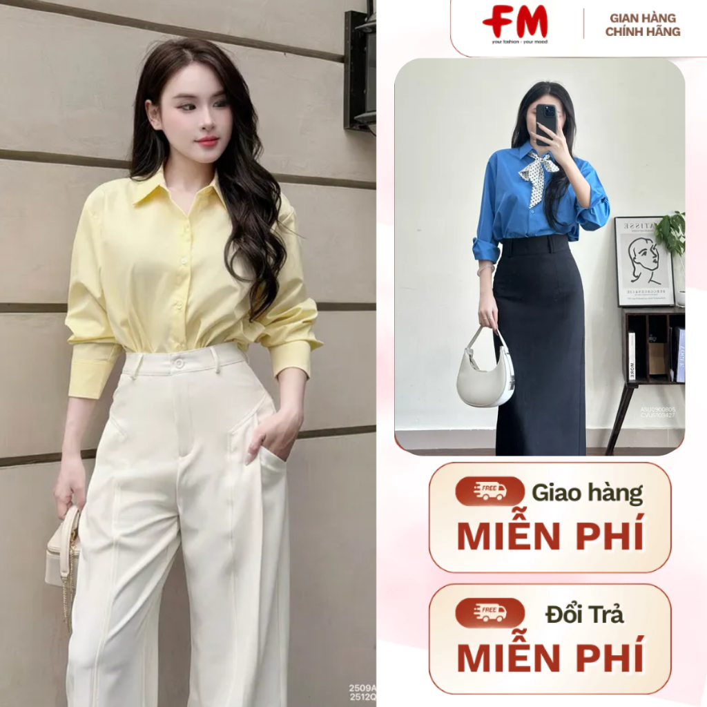 Áo Sơ Mi Nữ FMSTYLE - Áo Sơ Mi Basic Dáng Rộng Vạt Bầu Lai Chất Cao Cấp Mưa Thanh Lịch 25090580