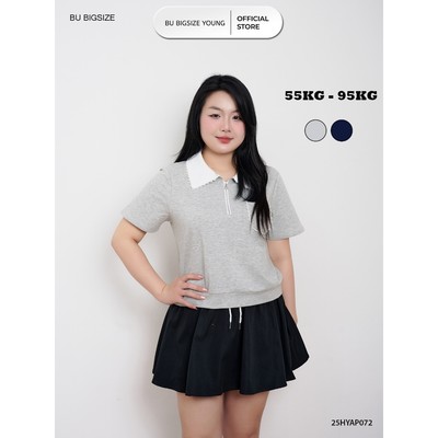 Áo thun cổ polo viền ren trụ khóa túi ngực đính nơ BIGSIZE (55kg đến 95kg) – 25HYAP072 - [BU Bigsize Young]