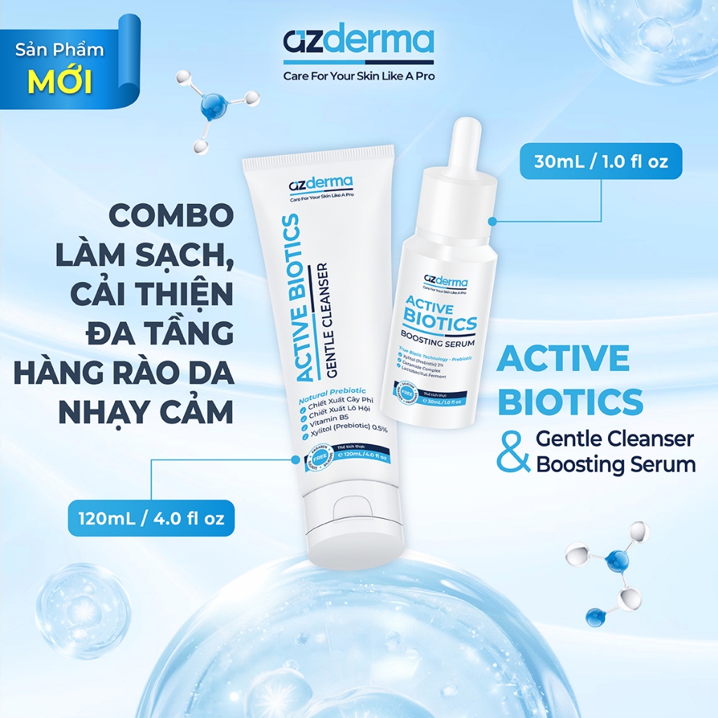 [Azderma] Combo Sữa rửa mặt 120mL và Active Biotics Boosting Serum 30ml