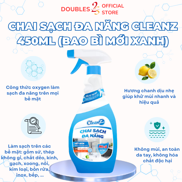 Chai Sạch Nhà Và Bếp Cleanz Làm Sạch Dầu Mỡ, Vết Ố Vàng Dung Tích 450ml | DOUBLES 2SSHOP