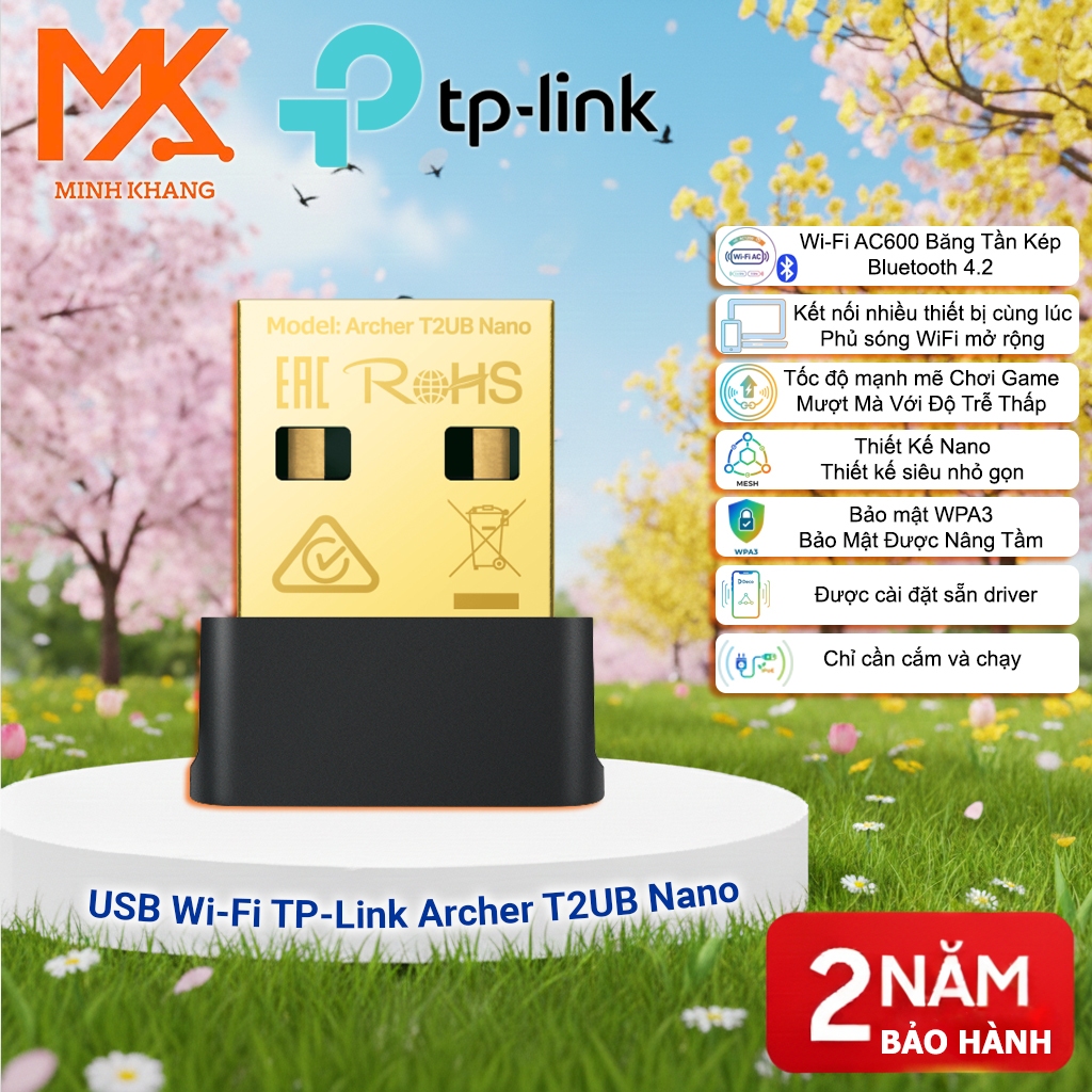 TP-Link Archer T2UB Nano – USB WiFi AC600 Kèm Bluetooth 4.2 – 2 Băng Tần – Tốc Độ 600Mbps – Siêu Nhỏ