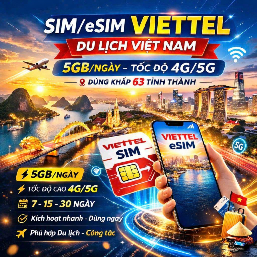 [SIM/ESIM DU LỊCH VIETTEL] SIM DATA 5GB/NGÀY - CHU KỲ 7 NGÀY / 15 NGÀY / 30 NGÀY (HẾT CHU KỲ SIM SẼ 