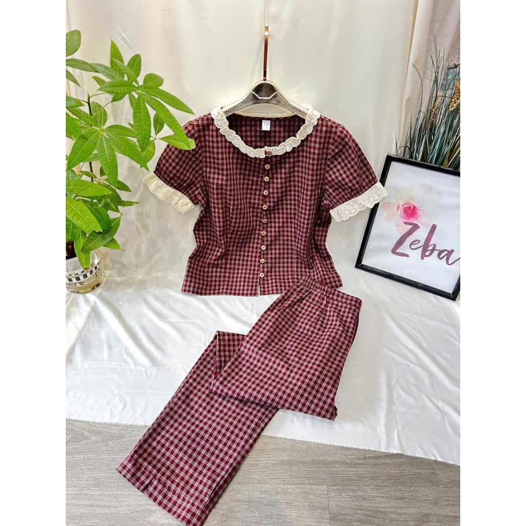 Bộ mặc nữ ZEBA chất kẻ Hàn phối cổ ren M3028