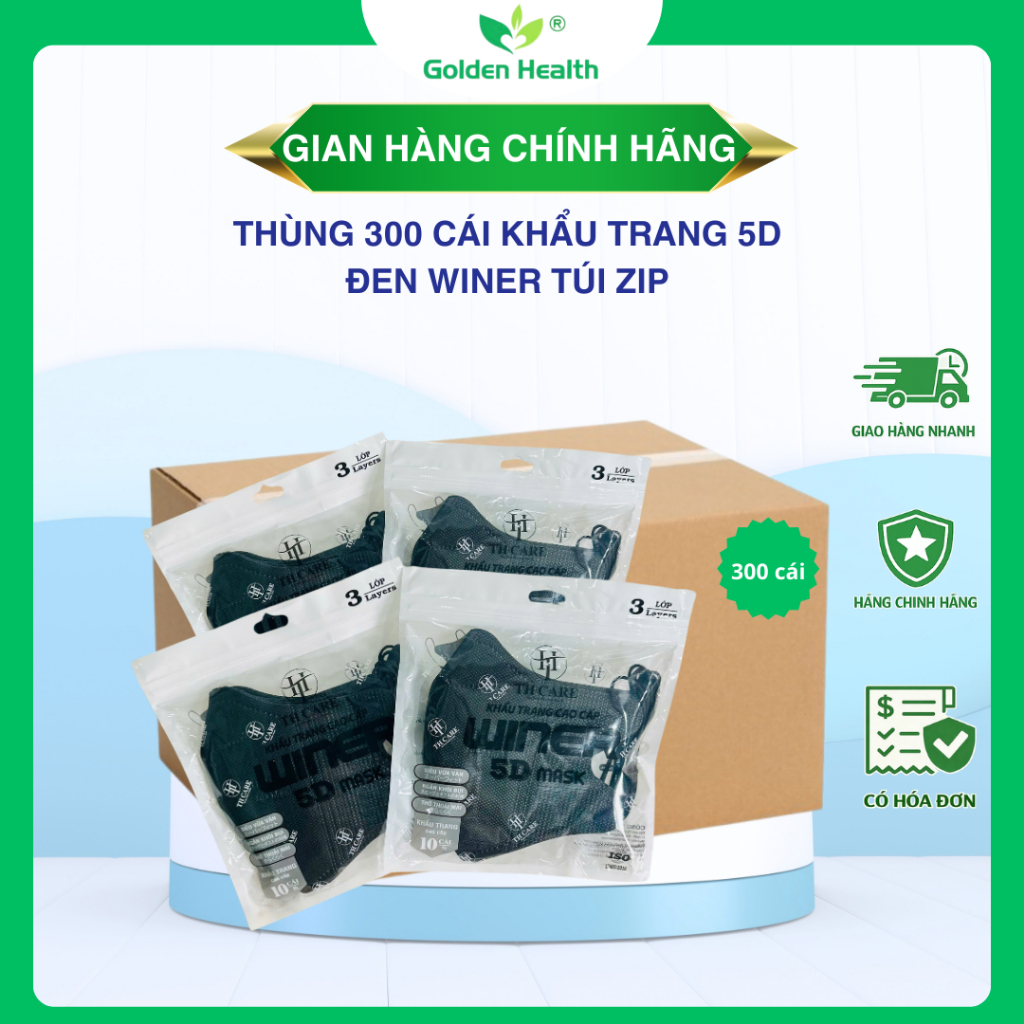 [THÙNG 300 CÁI] Khẩu trang 5D WINER đen túi zip