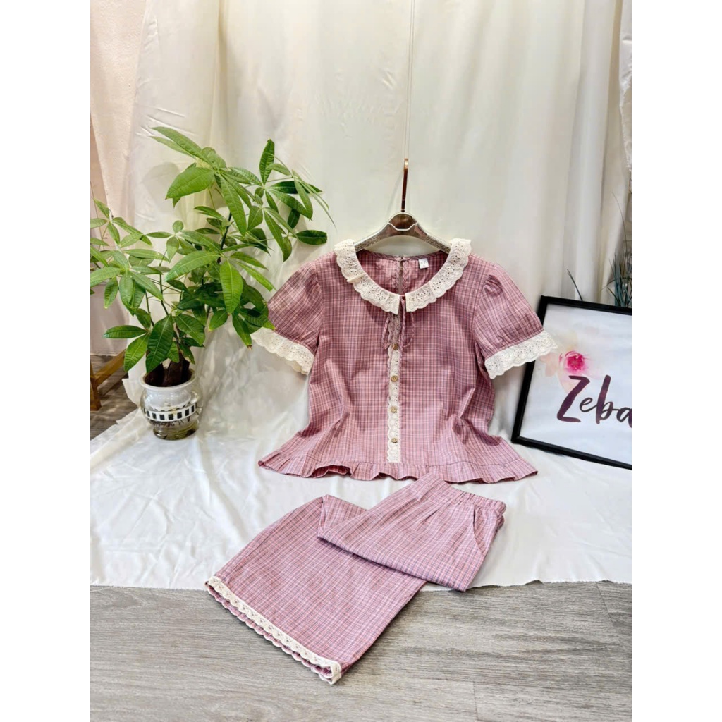 Set đồ nữ ZEBA bộ mặc nhà kẻ Hàn phối ren quần lửng M3376