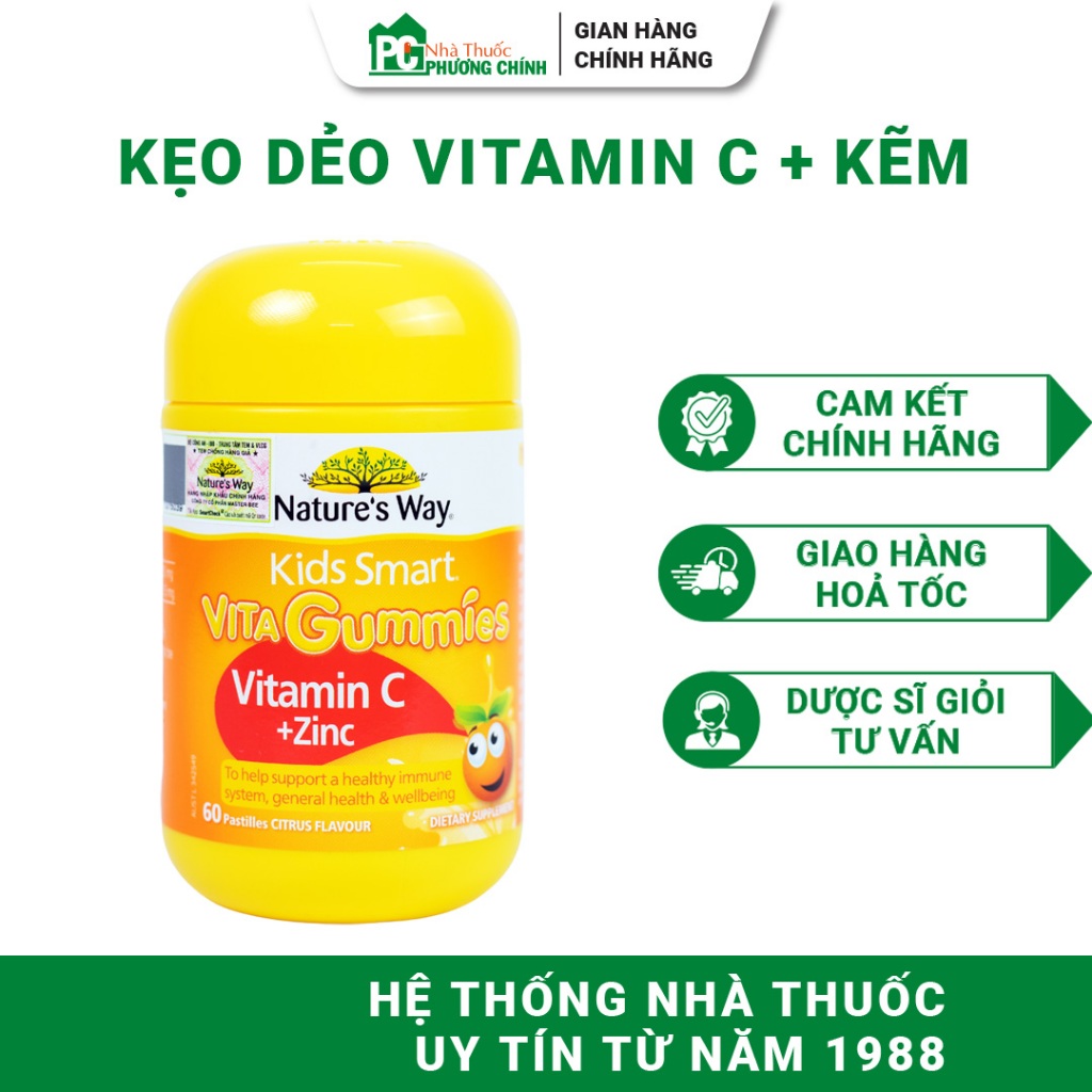 Kẹo Dẻo Kẽm Vitamin C Nature's Way Kids Smart Vita Gummies Vitamin C + ZinC Cho Trẻ 60 Viên/Lọ