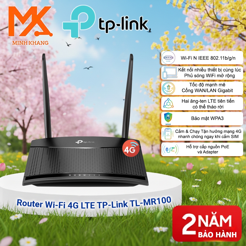 [TP-Link Chính Hãng] Router WiFi 4G LTE TP-Link TL-MR100 – Cắm SIM Phát WiFi 300Mbps, Sóng Ổn Định, 