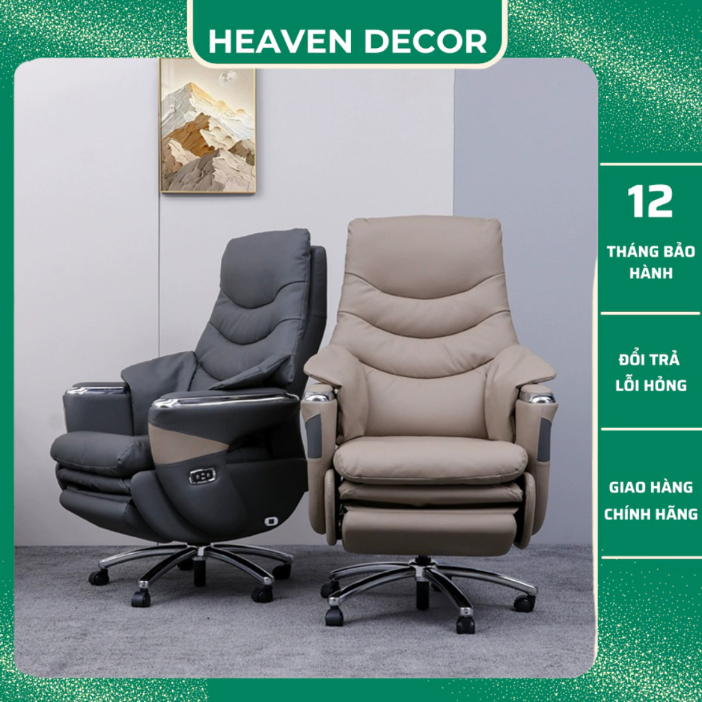 Ghế Văn Phòng, Ghế Giám Đốc Chất Liệu Da Bò Cao Cấp, Ngả Lưng Điện 160 Độ, Có Massage, Chân Sạc USB