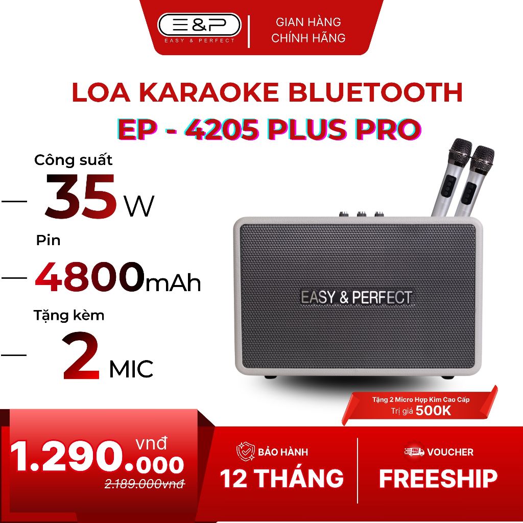 [E&P] Loa Karaoke Bluetooth Kèm 2 Mic EP-4205 PLUS PRO - Bản Nâng Cấp, Nhỏ Gọn Âm Thanh Bass To