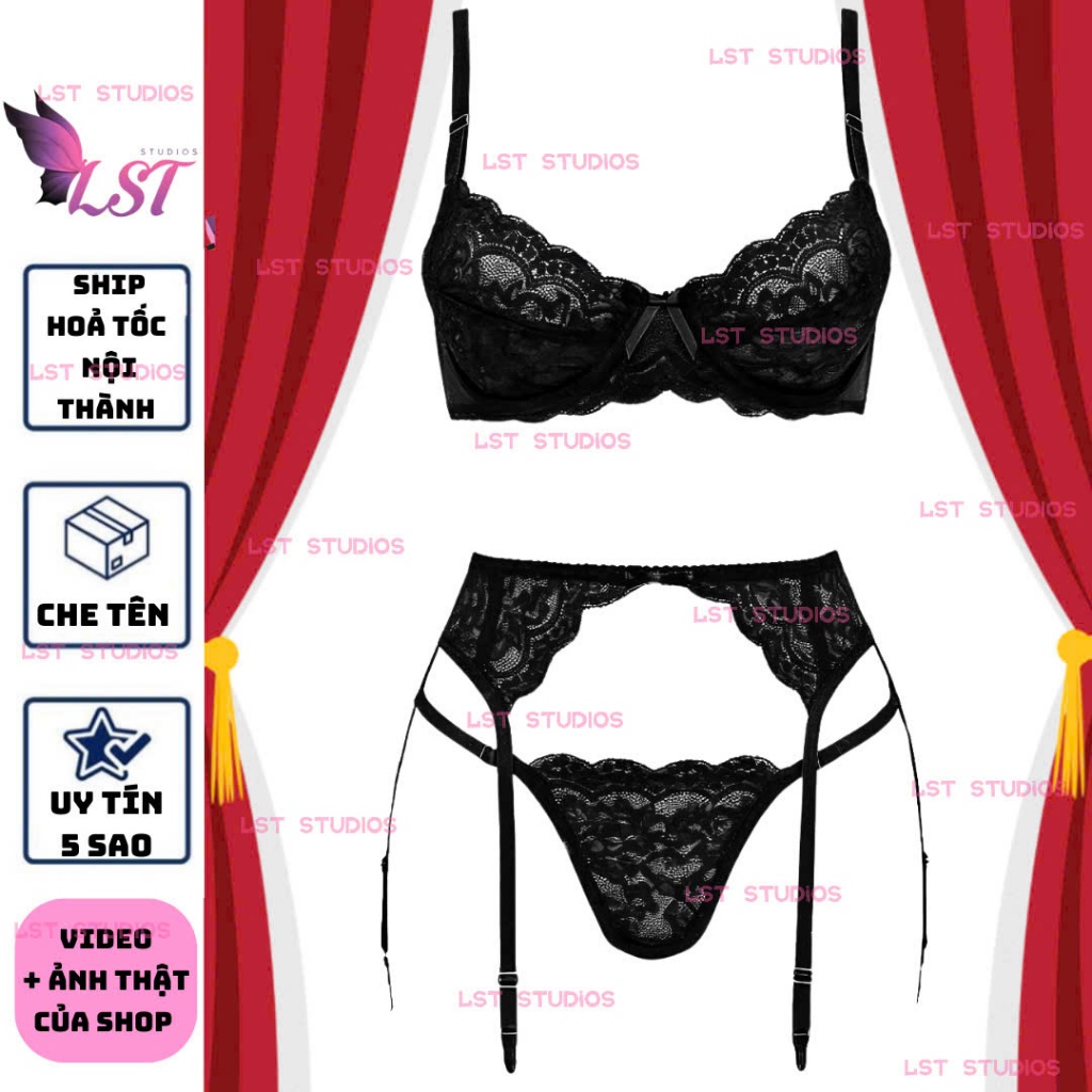 A2208 Nội Y Ren Đen Có Cúp Gọng Nâng Đẩy Gợi Cảm Phong Cách Âu Mỹ Sexy Phối Dây Eo Đùi Quyến Rũ