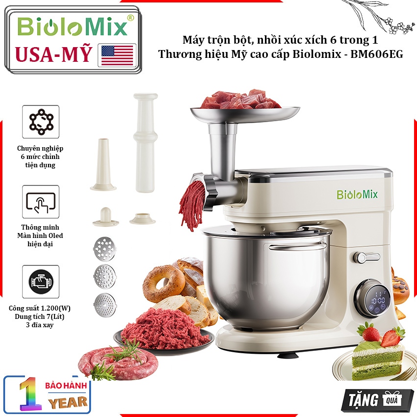 Máy trộn bột, nhồi xúc xích 6 trong 1. Thương hiệu Mỹ cao cấp Biolomix - BM606EG - Bảo hành 12 tháng
