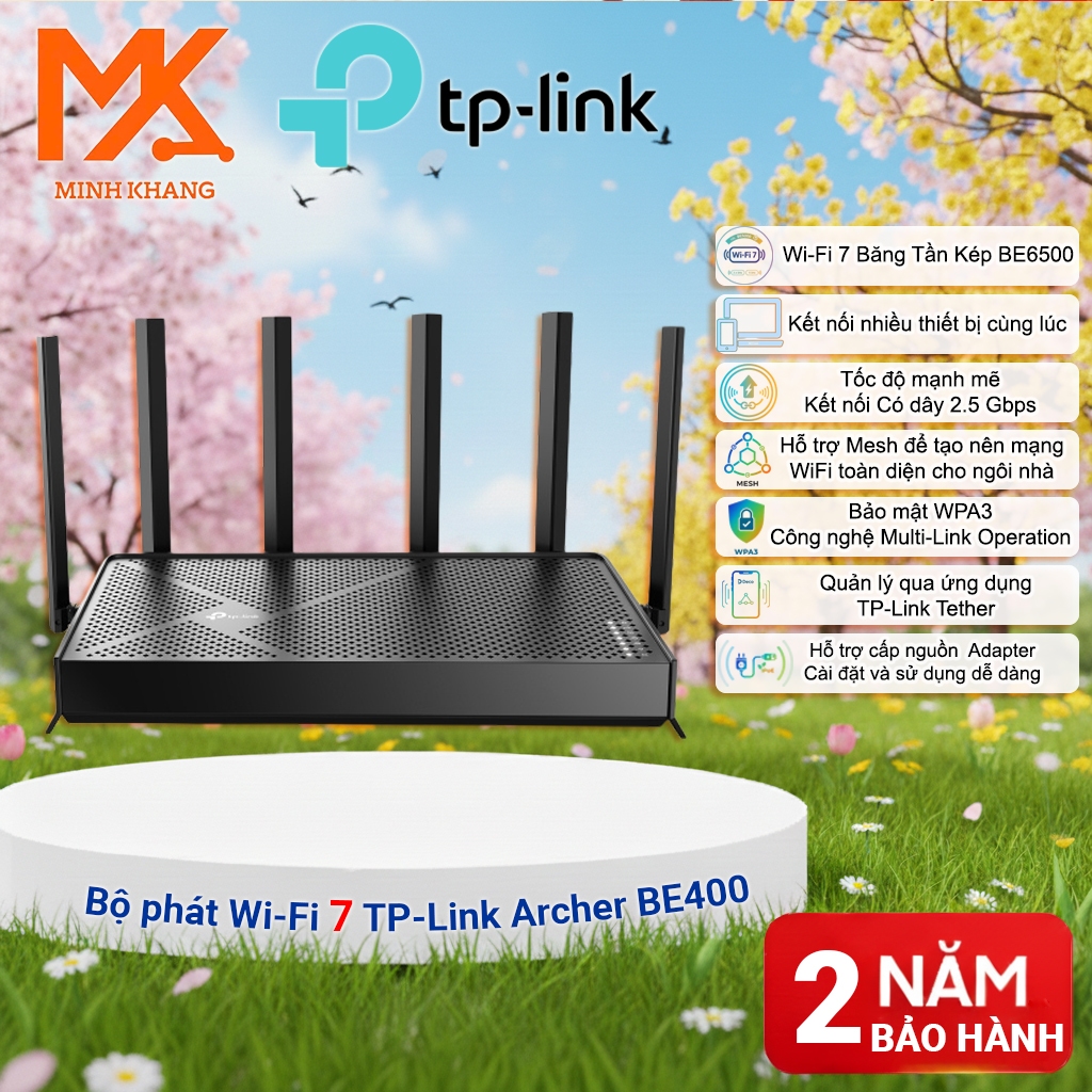 TP-Link Archer BE400 – Router Wi-Fi 7 BE6500 Băng Tần Kép, Tốc Độ Cao, Chính Hãng