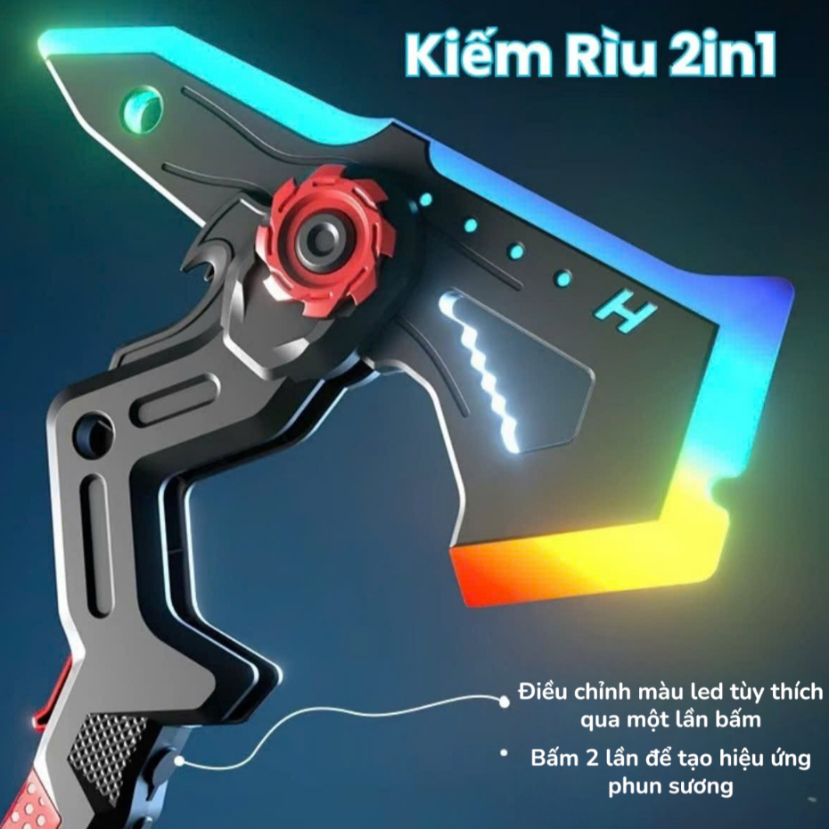 Kiếm Rìu 2in1 LED Đổi Hình Phun Sương – Đồ Chơi Cosplay Phát Sáng Đổi Màu, Gấp Gọn, Quà Tặng Ngầu