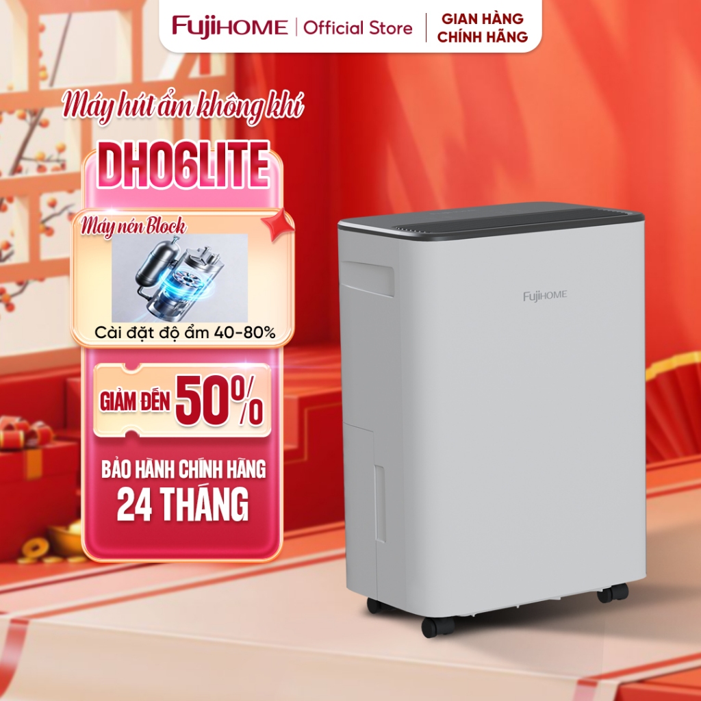 Máy hút ẩm Fujihome DH06LITE 6L/ngày tiết kiệm điện máy nén, máy hút ẩm gia đình phòng 8-15m², sấy quần áo độ ồn thấp