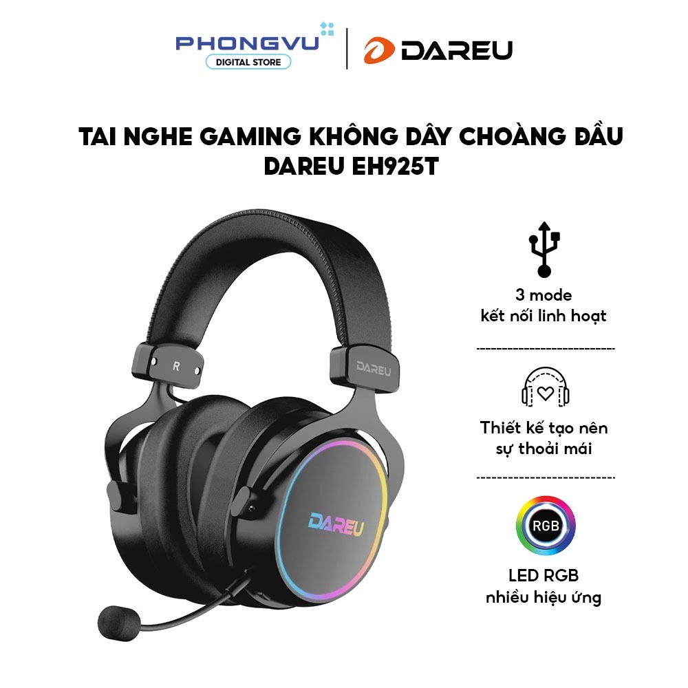 Tai nghe Gaming không dây DareU EH925T Black - Triple Mode - Driver 53mm - RGB - Bảo hành 12 tháng