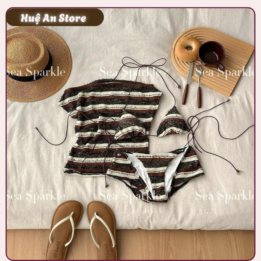 [HA02273]Set Bikini 4 Món Jennie - Đồ Bơi Nữ 4 Mảnh Họa Tiết Kẻ Nâu Tây Kèm Áo T-Shirt Và Quần Short Kín Đáo H | BigBuy360 - bigbuy360.vn