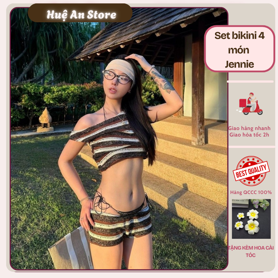 [HA02273]Set Bikini 4 Món Jennie - Đồ Bơi Nữ 4 Mảnh Họa Tiết Kẻ Nâu Tây Kèm Áo T-Shirt Và Quần Short Kín Đáo H | BigBuy360 - bigbuy360.vn