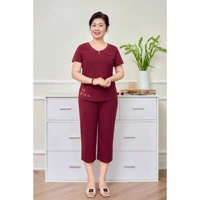 Bộ mặc nhà nữ trung niên áo cộc quần ngố cotton USA mềm mại, co dãn tốt SUNFLY  SP2259