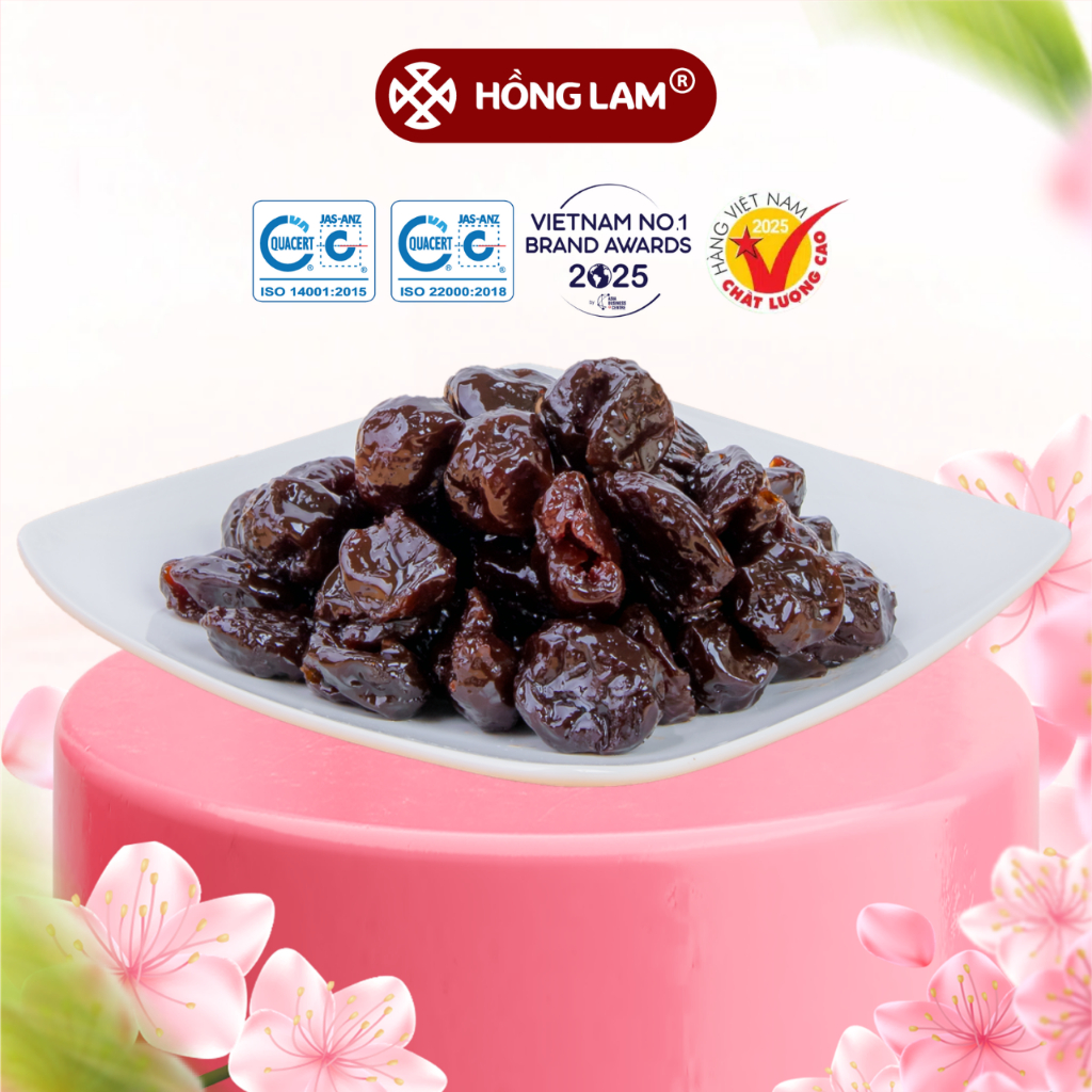 Ô mai (xí muội) mận dẻo không hạt Hồng Lam, dạng hộp. Có vị chua, ngọt, dẻo