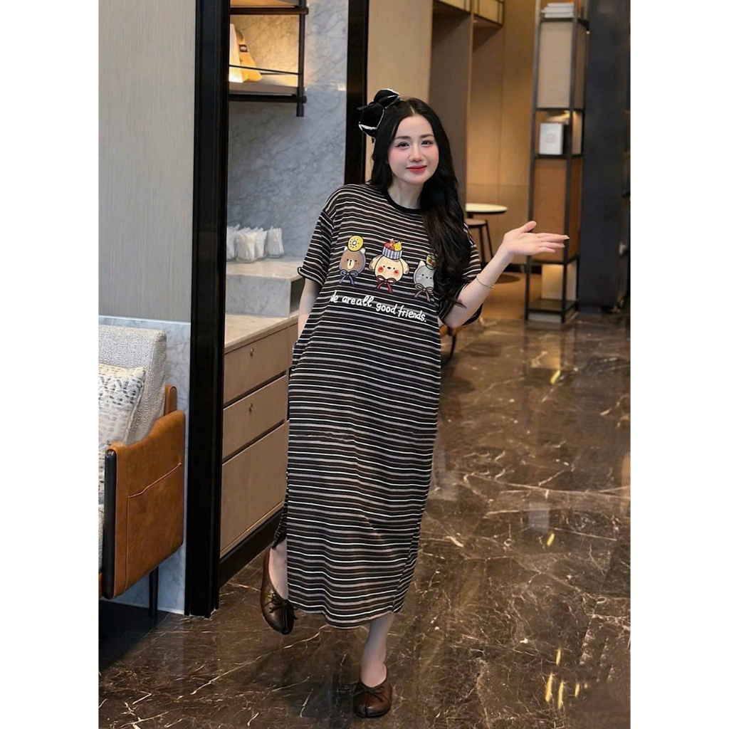 [Mina clothing] Váy xuông kẻ in hình mèo gấu chữ PH55 dáng xuông chất co dãn nhẹ thời trang mẹ bầu m