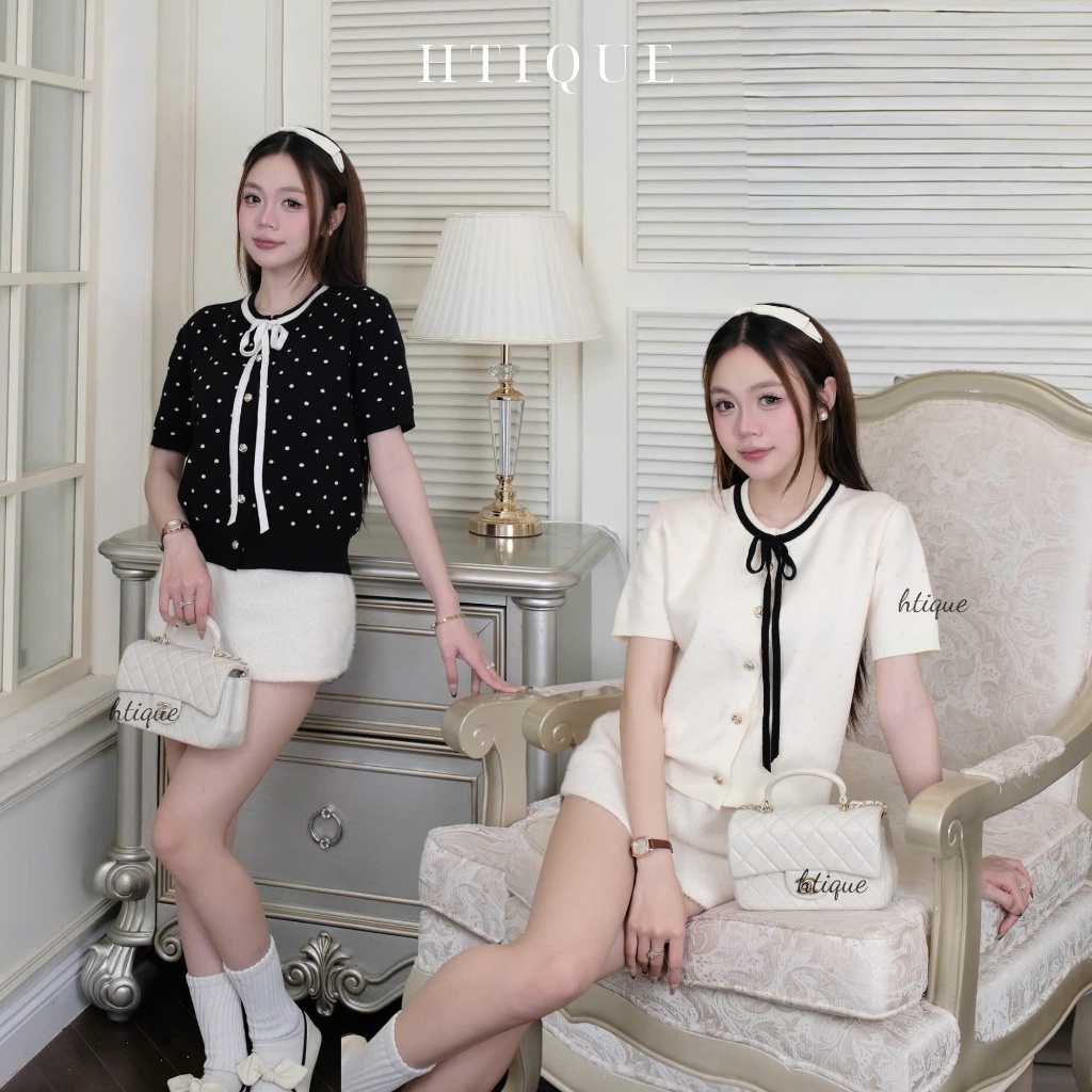 HTIQUE - SOFT SEASON mở bán Áo len dệt kim chấm bi hồng sữa dâu kèm nơ thắt điệu, Áo len dệt kim kiểu nữ tiểu thư LA43