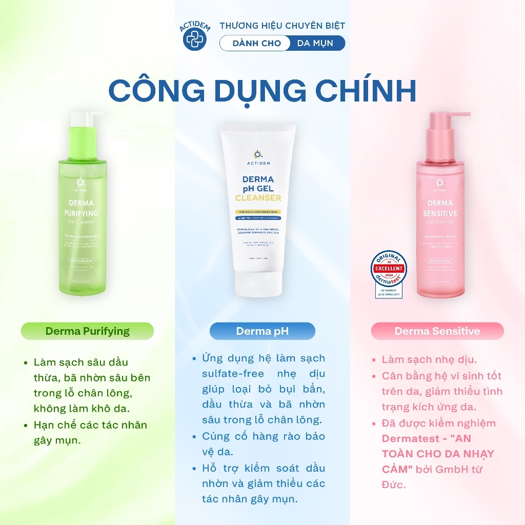 Gel rửa mặt Actidem Derma pH/Sensitive/Purifying Gel Cleanser ngừa mụn cho da dầu,nhạy cảm, hỗn hợp