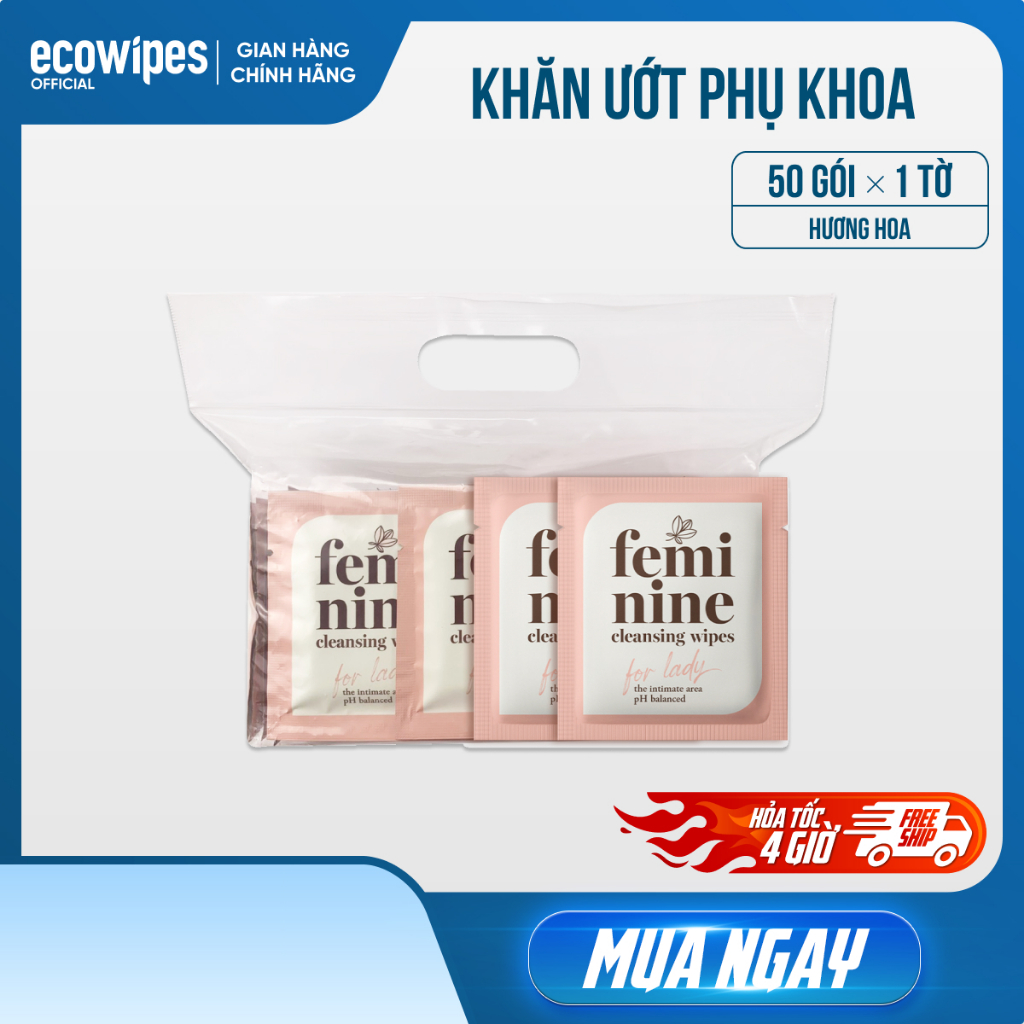 Túi 50 gói khăn ướt phụ khoa vệ sinh vùng kín phụ nữ EcoWipes gói 1 tờ hương hoa