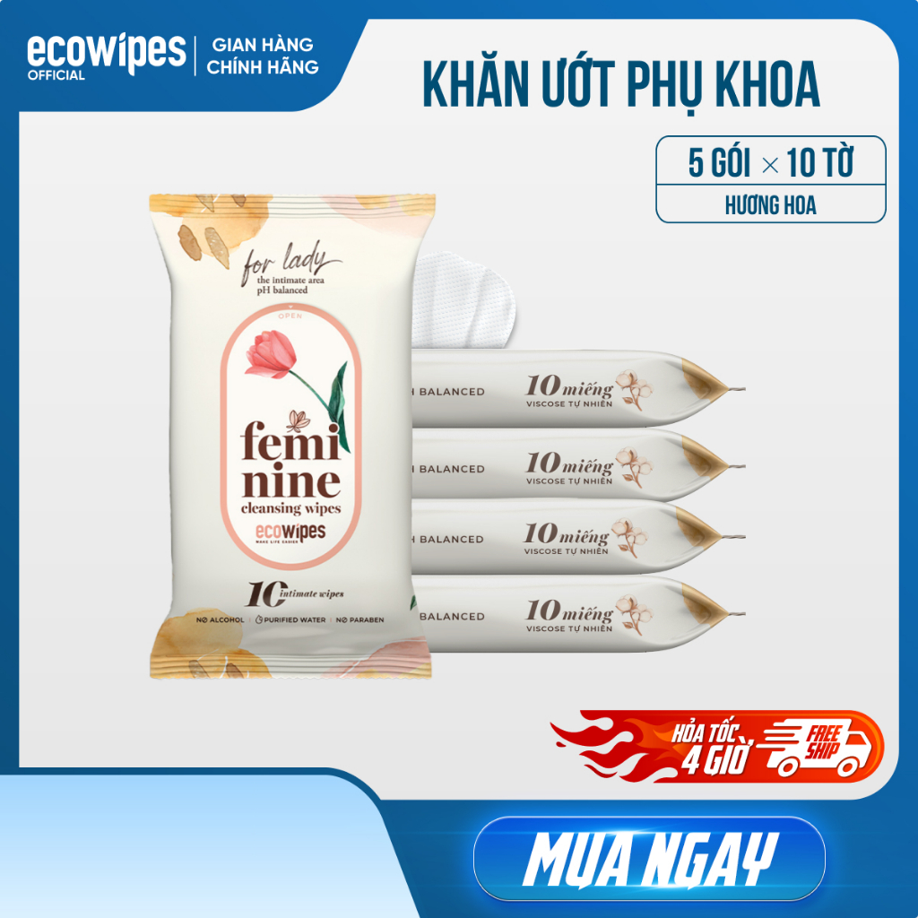 Combo 05 gói khăn ướt phụ khoa vệ sinh vùng kín phụ nữ EcoWipes gói 10 tờ hương hoa