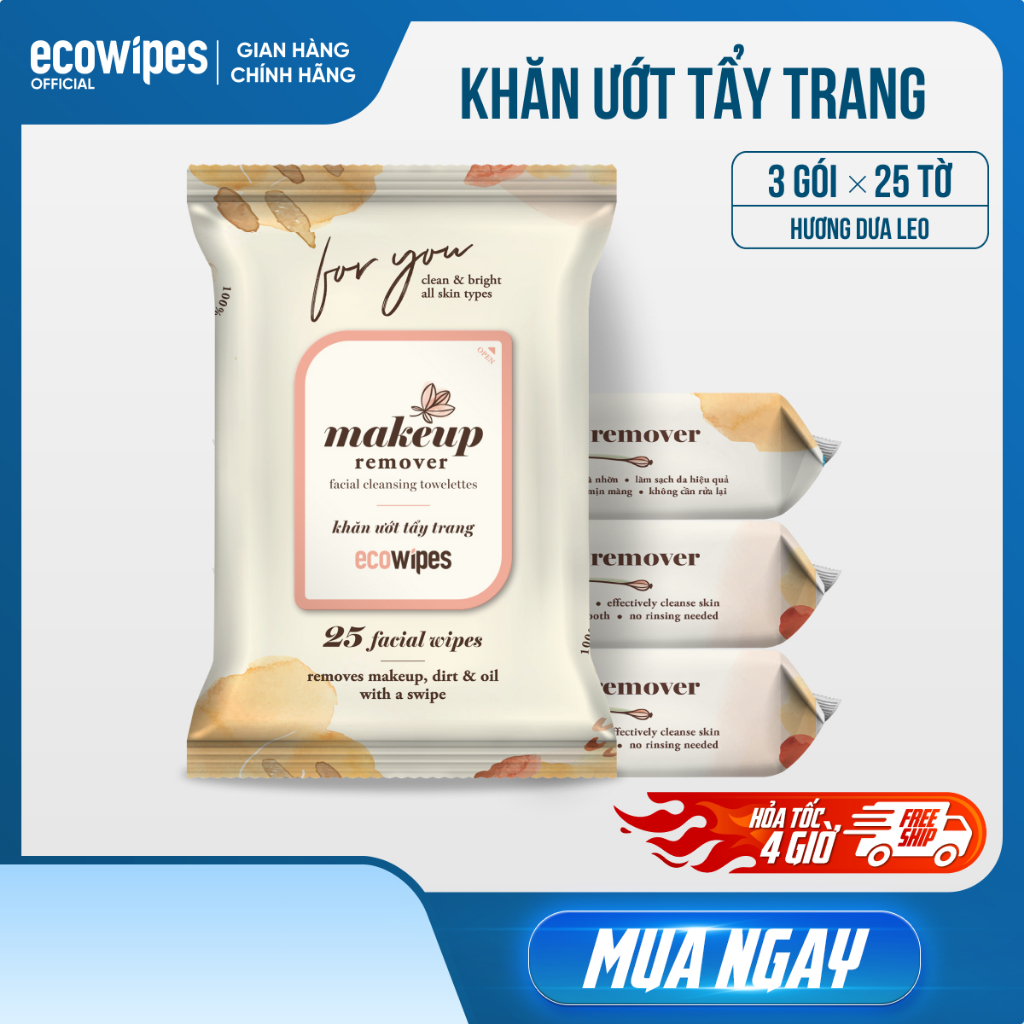 Combo 03 gói khăn ướt tẩy trang nhanh EcoWipes gói 25 tờ hương dưa leo