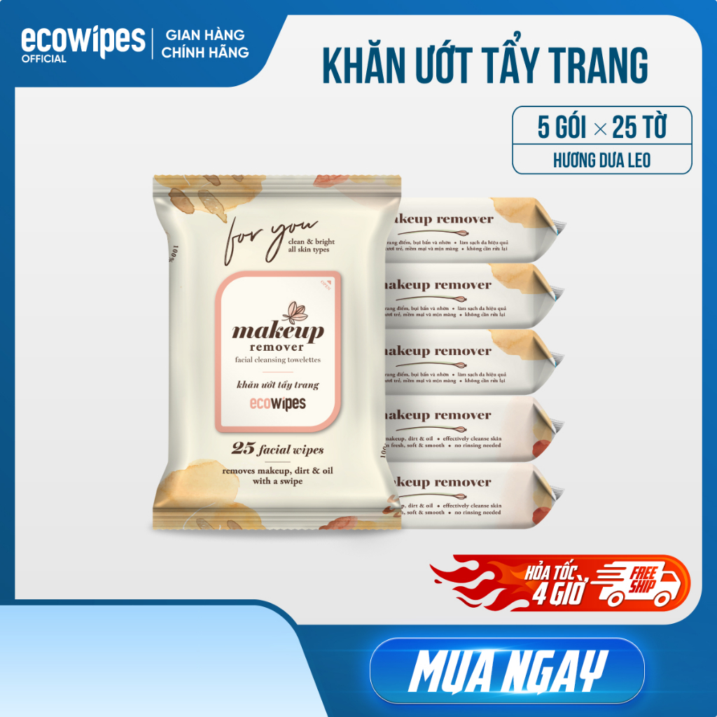 Combo 05 gói khăn ướt tẩy trang nhanh EcoWipes gói 25 tờ hương dưa leo
