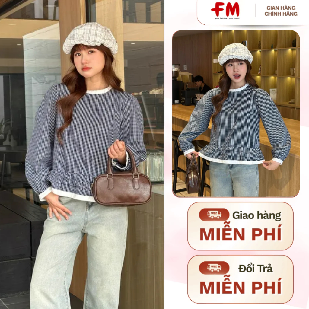 Áo Kiểu Nữ Tay Dài FMSTYLE - Áo Cổ Tròn Bo Chun Tay Họa Tiết Caro Phối Bèo Lai Xinh Xắn 25102376