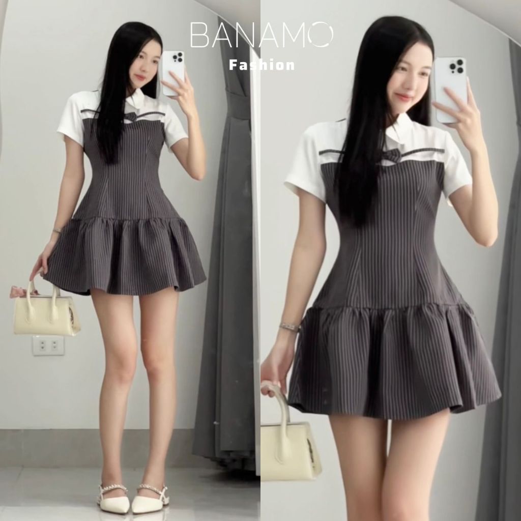 Đầm nữ BIGSIZE Banamo Fashion váy thiết kế cổ sen trắng đính nơ cộc tay phối kẻ sọc dọc dáng xoè tiểu thư 592 | BigBuy360 - bigbuy360.vn