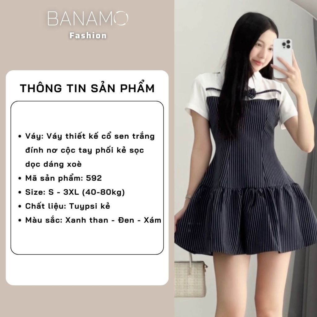 Đầm nữ BIGSIZE Banamo Fashion váy thiết kế cổ sen trắng đính nơ cộc tay phối kẻ sọc dọc dáng xoè tiểu thư 592 | BigBuy360 - bigbuy360.vn
