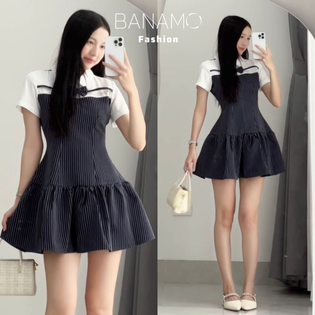 Đầm nữ BIGSIZE Banamo Fashion váy thiết kế cổ sen trắng đính nơ cộc tay phối kẻ sọc dọc dáng xoè tiểu thư 592 | BigBuy360 - bigbuy360.vn