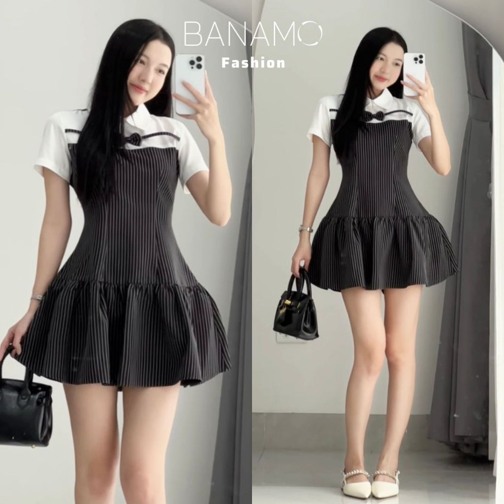 Đầm nữ BIGSIZE Banamo Fashion váy thiết kế cổ sen trắng đính nơ cộc tay phối kẻ sọc dọc dáng xoè tiểu thư 592 | BigBuy360 - bigbuy360.vn