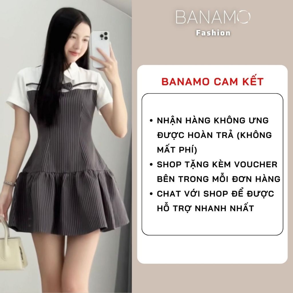 Đầm nữ BIGSIZE Banamo Fashion váy thiết kế cổ sen trắng đính nơ cộc tay phối kẻ sọc dọc dáng xoè tiểu thư 592 | BigBuy360 - bigbuy360.vn