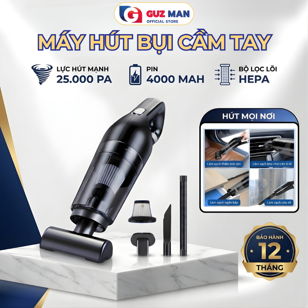 Máy Hút Bụi Cầm Tay Mini, Máy hút bụi Ô Tô,Gia Đình Công suất 120W không dây Pin sạc tiện lợi