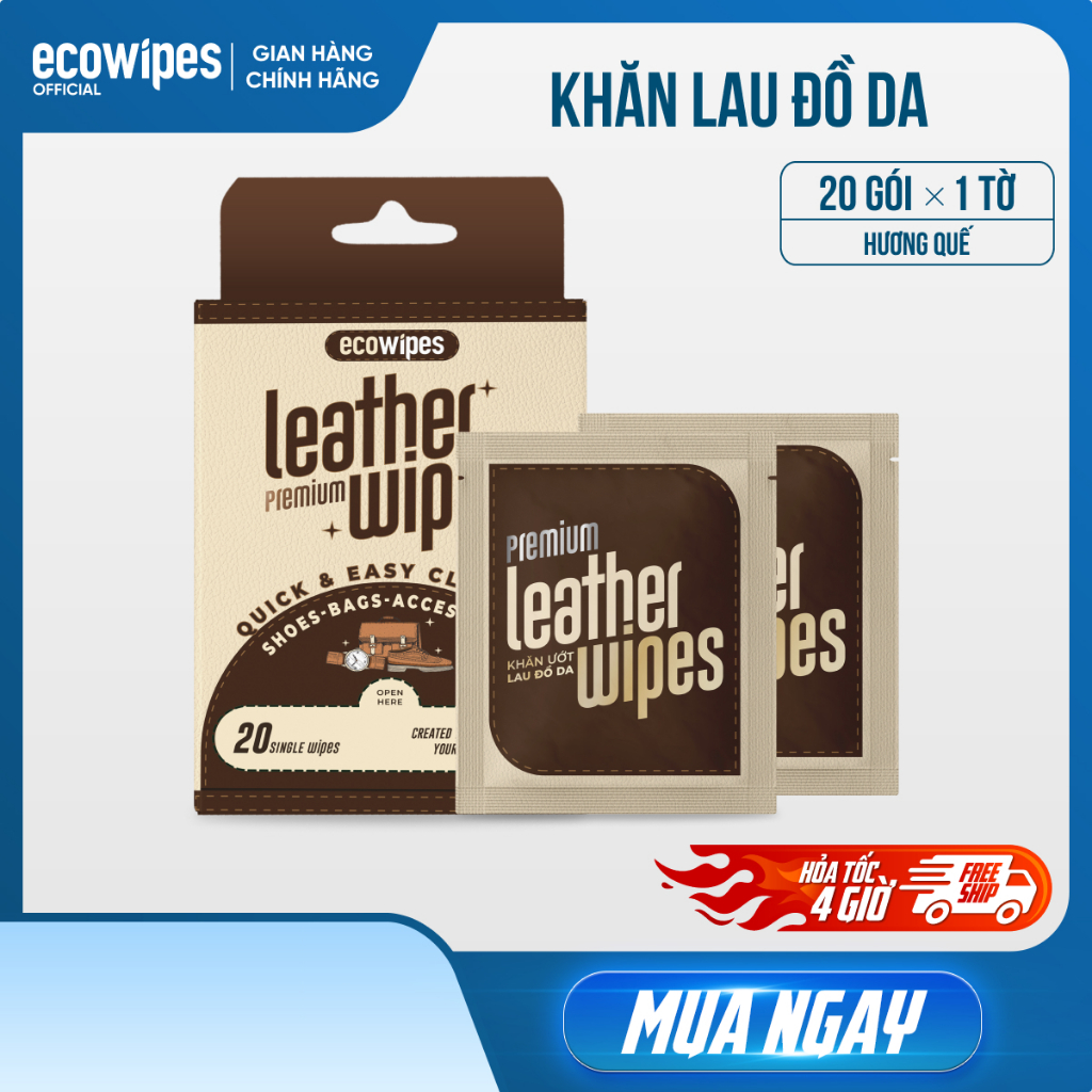 Hộp 20 gói khăn ướt lau giày da túi da ví da siêu tốc Leather EcoWipes gói 25 tờ hương quế
