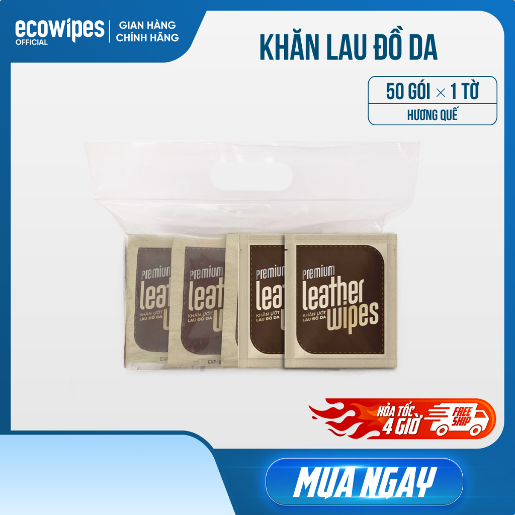 Túi 50 gói khăn ướt lau giày da túi da ví da siêu tốc Leather EcoWipes gói 1 tờ hương quế
