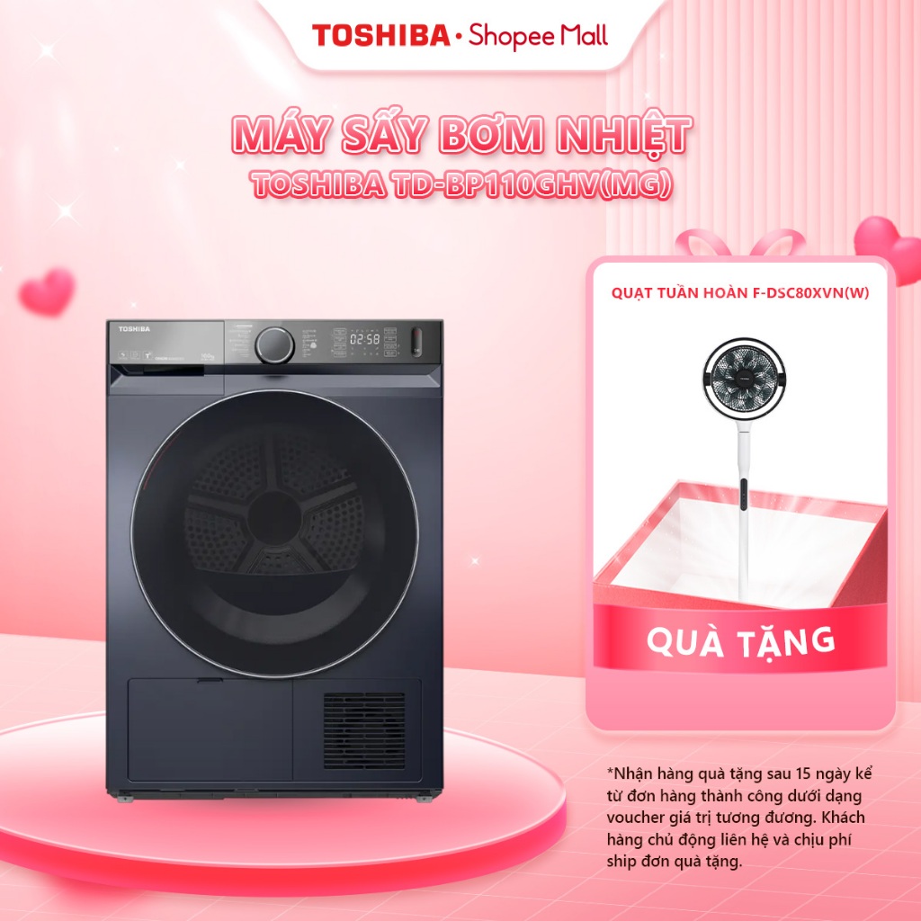 [FREESHIP KHÔNG LẮP ĐẶT] Máy sấy bơm nhiệt Toshiba 10 kg TD-BP110GHV(MG) - Bảo hành chính hãng tại n