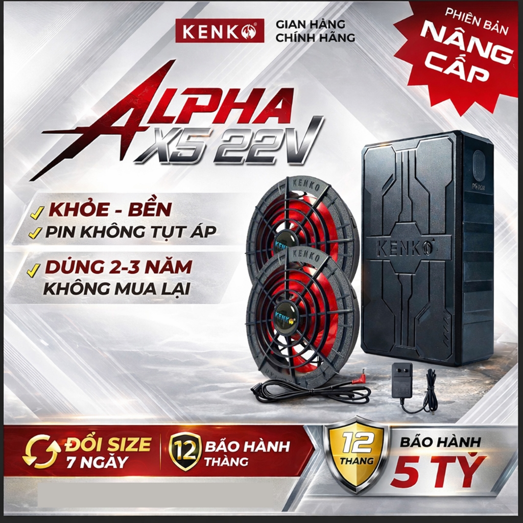 Bộ pin quạt áo điều hòa KENKO ALPHA X5 22V,sử dụng 9-18 tiếng, quạt không chổi than BH 12 tháng