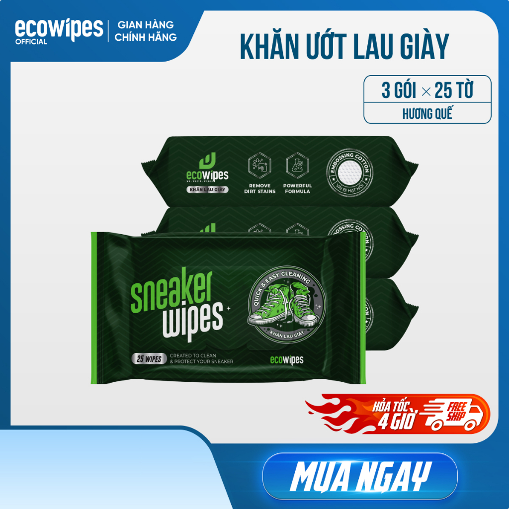 Combo 03 gói Khăn ướt lau giày thể thao cấp tốc Sneaker EcoWipes gói 25 tờ hương quế khử mùi